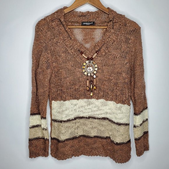 Mirasati Paris Womens Open Knit Sweater Size S Brown Beaded Necklace Boho Tribal - Picture 1 of 8